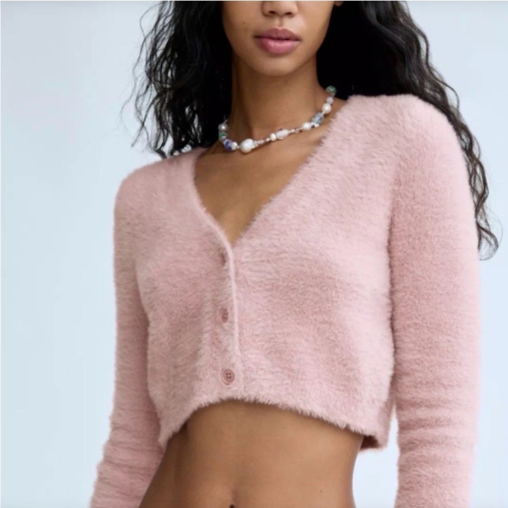 Aritzia Sunday Best Reese Cardigan Eyelash Fuzzy Cropped Mauve Mousse XS